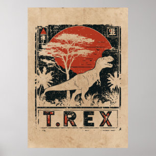 Póster T-Rex Dinosaur Vintage Art   Wabi Sabi Red Sun