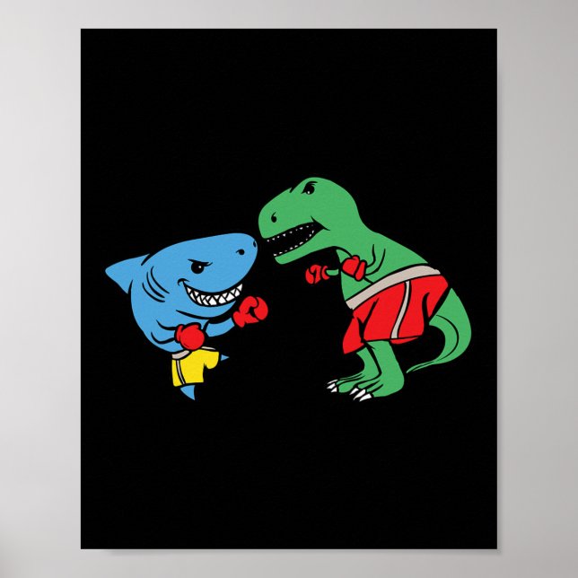 Póster T-Rex Dinosaureo Boxeando Tiburón Lucha Divertida (Frente)
