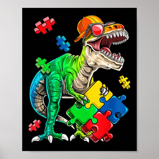 Póster T Rex Dinosaurios Autism Awareness Puzzle Piece Re (Frente)