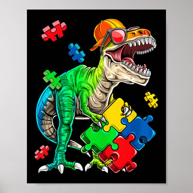 Póster T Rex Dinosaurios Autism Awareness Puzzle Piece Re (Frente)