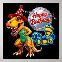 T-Rex en equipo de ejecución y gorra de bithday