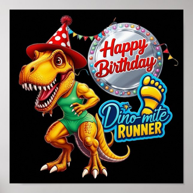 Póster T-Rex en equipo de ejecución y gorra de bithday (Frente)