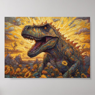 Póster T-rex en un campo de girasol