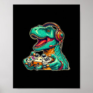 Póster T-rex jugando con auriculares divertido gráfico de