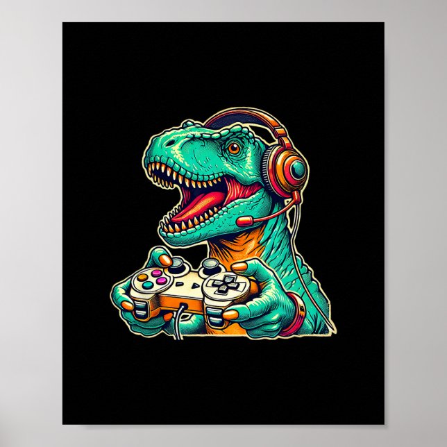 Póster T-rex jugando con auriculares divertido gráfico de (Frente)