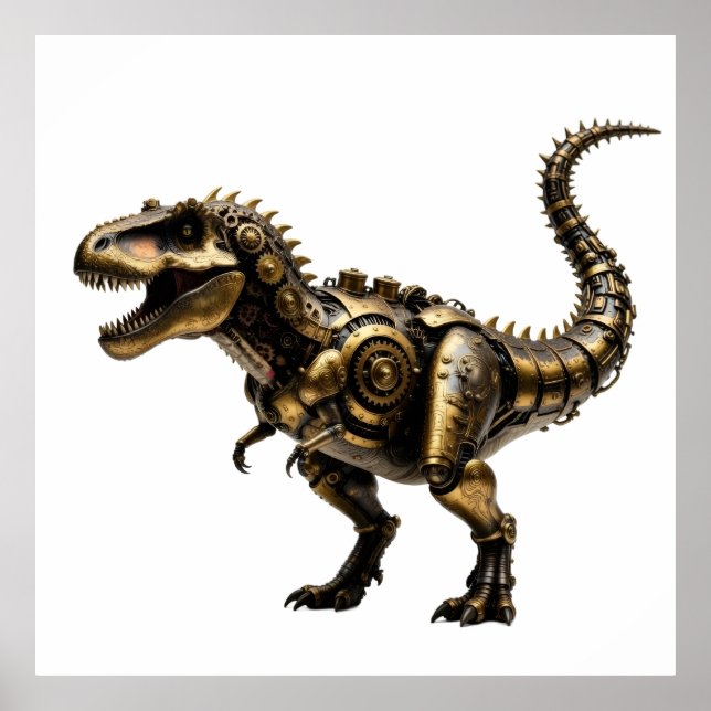 Póster T-Rex Mech Steampunk – Bestia Dino de Latón (Frente)
