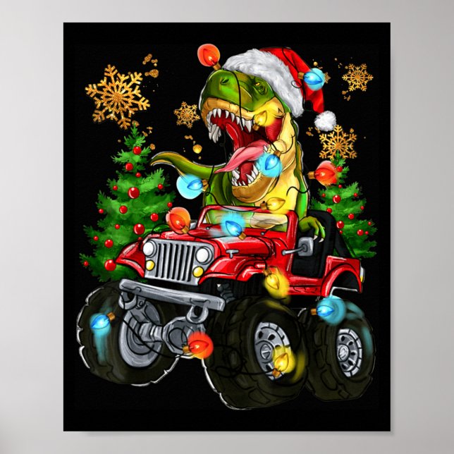 Póster T-rex Santa In Monster Truck With Christmas Trees  (Frente)
