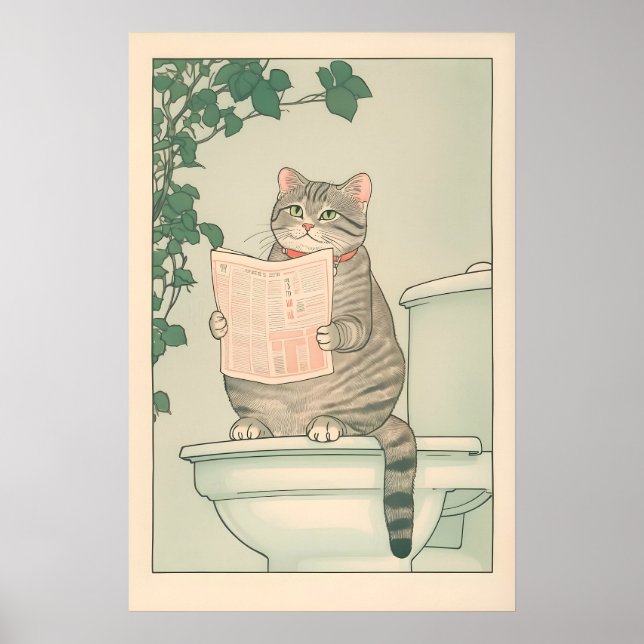 Póster Tabby Cat Bathroom Print Funny Japanese Ukiyo-e (Frente)