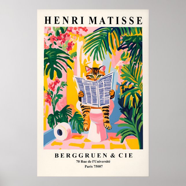 Póster Tabby Cat on Toilet Art Print Funny Matisse Style (Frente)