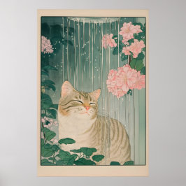 Póster Tabby Cat Shower Print Ukiyo-e Botanical Bathroom