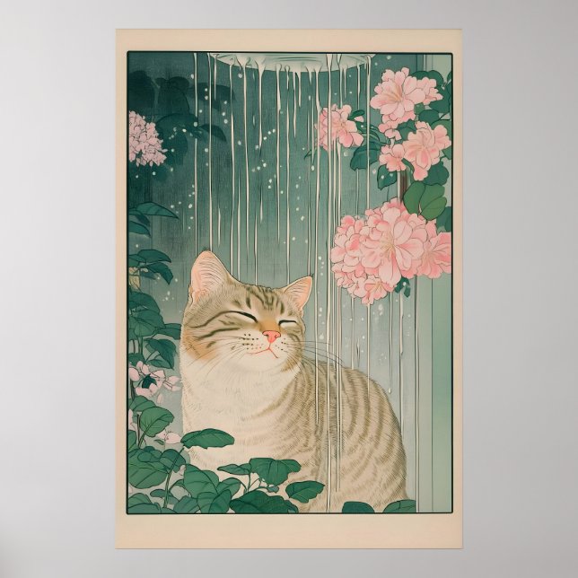 Póster Tabby Cat Shower Print Ukiyo-e Botanical Bathroom (Frente)