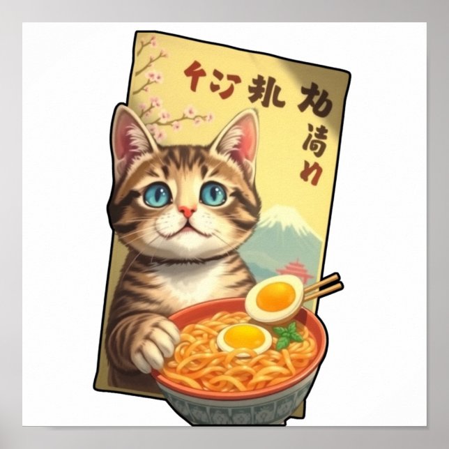 Póster Tabby de ojos azules ama fideos (Frente)