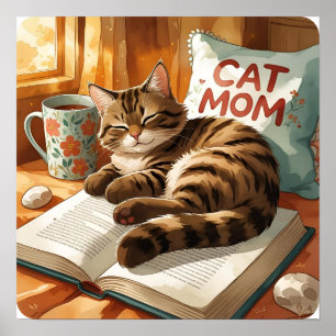 Póster Tabby en un libro - Watercolor Cat Lover Scene