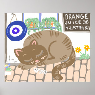Póster Taberna Griega Soñolienta Escena Mediterránea Gato