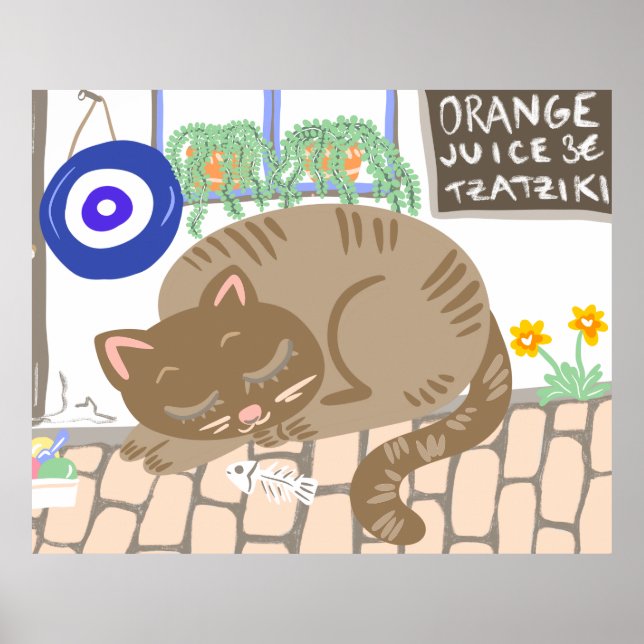 Póster Taberna Griega Soñolienta Escena Mediterránea Gato (Frente)