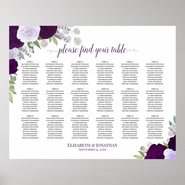 Póster Tabla 18 Tabla de asientos para Bodas de Rosas púr (Frente)