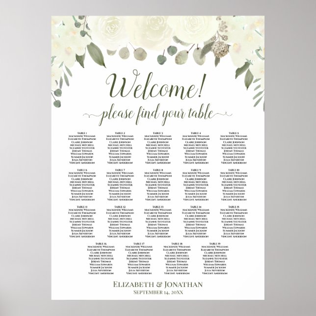 Póster Tabla 19 Tabla de asientos Boda de rosas blancas m (Frente)