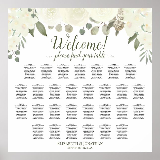 Póster Tabla 29 Tabla de asientos Boda de rosas blancas m (Frente)