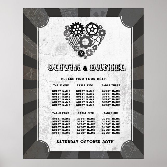 Póster Tabla 6 Boda del plan de asiento Steampunk Boda (Frente)