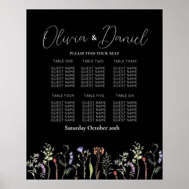 Póster Tabla 6 Boda del plan de asientos Flores silvestre (Frente)
