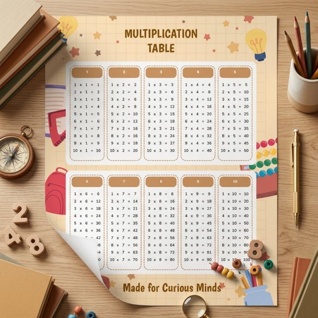 Póster Tabla de aprendizaje de multiplicación con tema es (School Theme Multiplication Table Learning Chart)