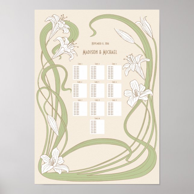 Póster Tabla de asientos 10 tablas de Bodas de lirios bla (Frente)