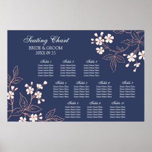 Póster Tabla de asientos 10 Tablas Floral de coral azul