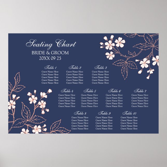 Póster Tabla de asientos 10 Tablas Floral de coral azul (Frente)