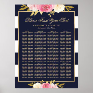 Póster Tabla de asientos 12 del Boda floral azul marino