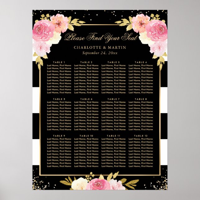 Póster Tabla de asientos 12 del Boda floral rosado de oro (Frente)