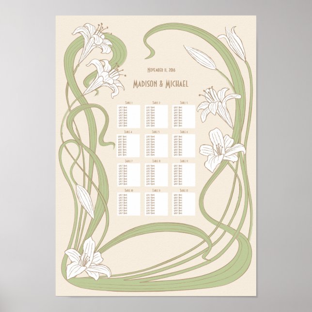 Póster Tabla de asientos 12 tablas de Bodas de lirios bla (Frente)