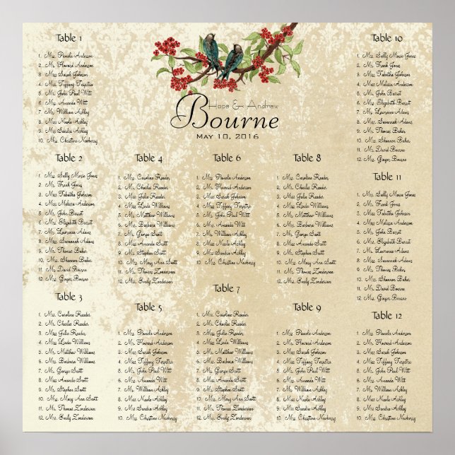 Póster Tabla de asientos 12 tablas del Boda rojo verde az (Frente)