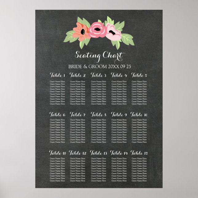Póster Tabla de asientos 15 Tabla 150 Comprimido Floral (Frente)