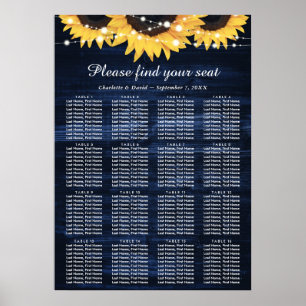 Póster Tabla de asientos 16 del Boda de girasol azul mari