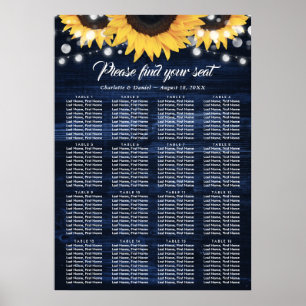 Póster Tabla de asientos 16 del Boda de girasol azul mari