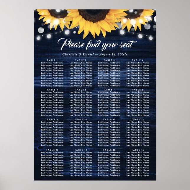 Póster Tabla de asientos 16 del Boda de girasol azul mari (Frente)