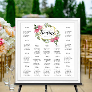 Póster Tabla de asientos 17 tablas de Boda de rosas rosad