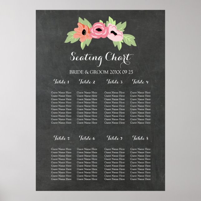 Póster Tabla de asientos 8 Tablas Chalkboard Floral rosa (Frente)