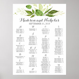Póster Tabla de asientos alfabéticos de hojas verdes, rús