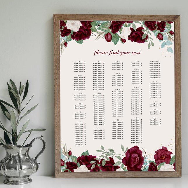 Póster Tabla de asientos alfabéticos de las rosas rojas b (Alphabetical Seating Chart with burgundy red rose borders. Available printed or printable download)