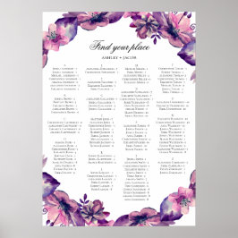 Póster Tabla de asientos alfabetos. Flores moradas y rosa
