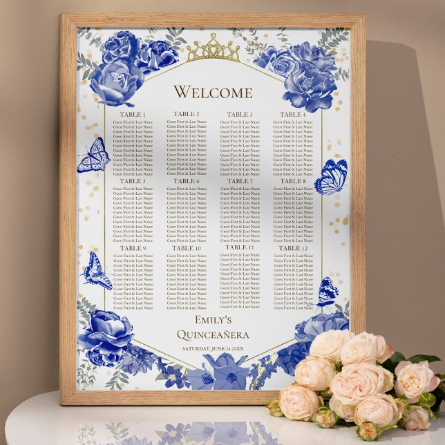Póster Tabla de asientos azul Quinceanera Rótulo mariposa (Subido por el creador)