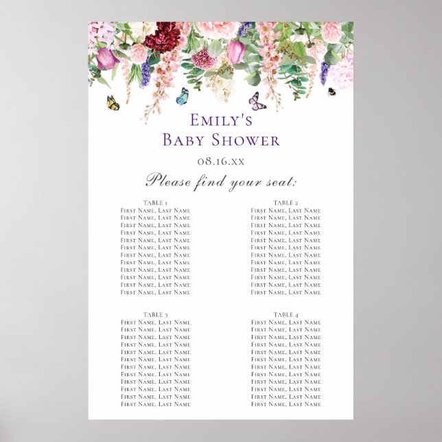 Póster Tabla de asientos Baby Shower de flores y mariposa (Frente)