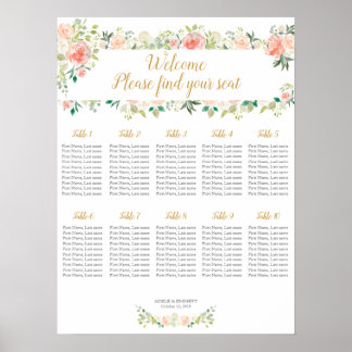 Póster tabla de asientos boda 10 tablas | rosas de Rubor