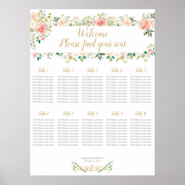 Póster tabla de asientos boda 10 tablas | rosas de Rubor (Frente)