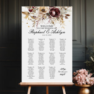 Póster tabla de asientos boda 11 tablas, peonías burdeos