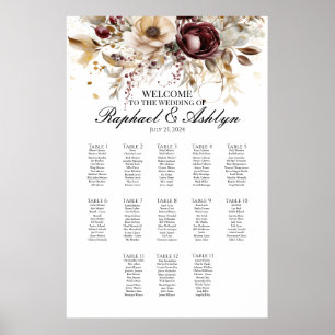 Póster tabla de asientos boda 13 tablas, peonías burdeos