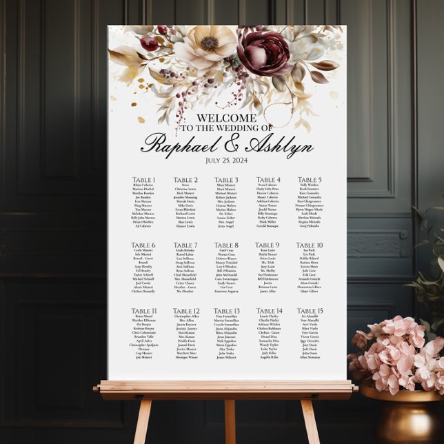 Póster tabla de asientos boda 15 tablas, peonías burdeos (Subido por el creador)