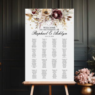Póster tabla de asientos boda 16 tablas, peonías burdeos
