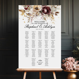 Póster tabla de asientos boda 17 tablas, peonías burdeos